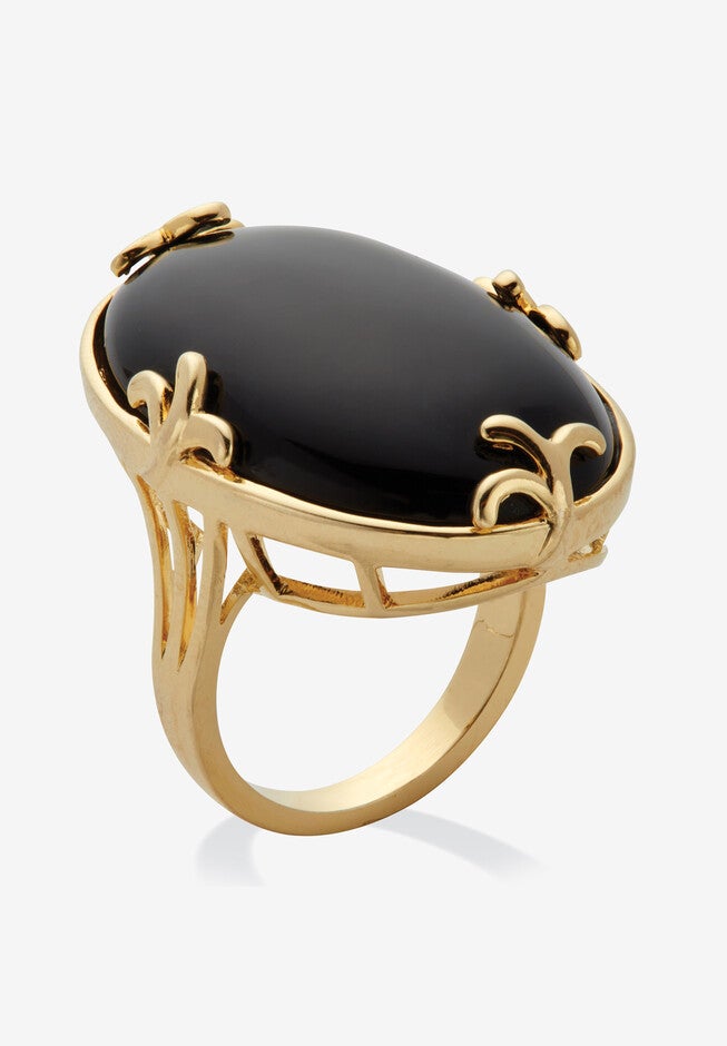 Cabochon-Cut Black Agate 18K Gold-Plated Ring, , on-hover image number 1