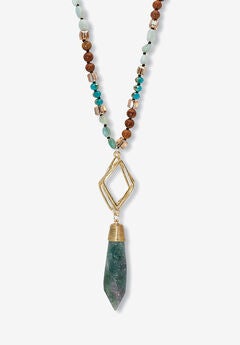 Genuine Blue Agate And Brown Agate Beaded Goldtone Drop Necklace, 34-Inch Length