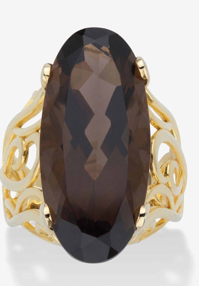 4 Cttw. Oval-Cut Genuine Smoky Topaz Gold-Plated Silver Scrolled Faceted Ring, BROWN, hi-res image number null