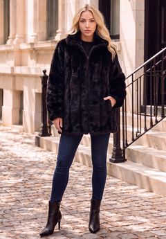 Plus Size Mid-Length Hooded Faux Fur Coat