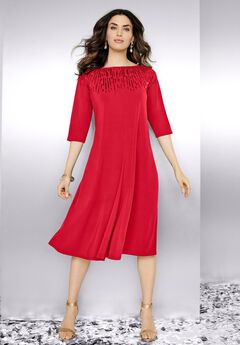 Plus Size 3/4 Sleeve Embellished Boatneck Dress