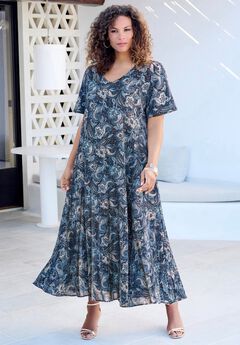Plus Size Hand Crinkled Flutter-Sleeve Maxi Dress
