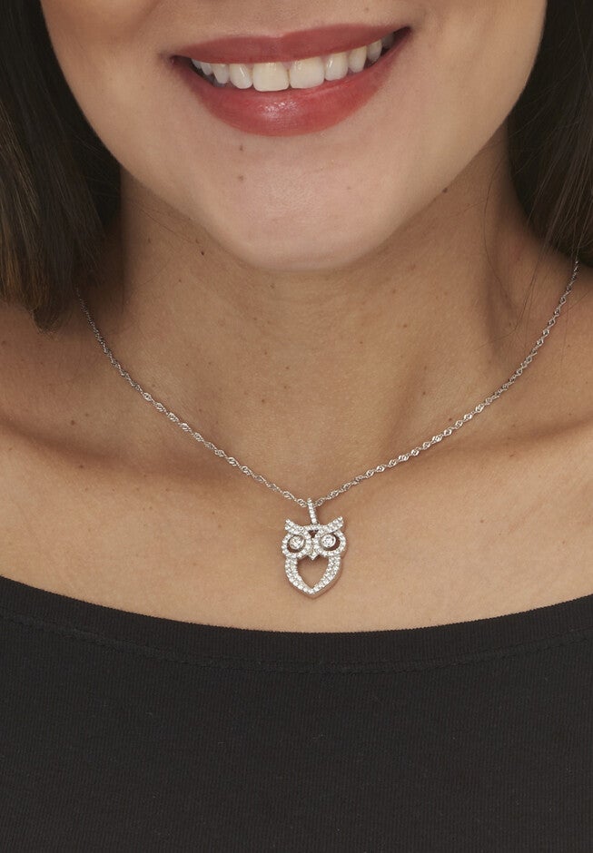 .70 Tcw Round Cubic Zirconia Silvertone Owl Pendant Necklace, 18-Inch Length, , alternate image number null
