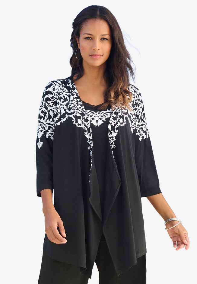 Ultrasmooth Fabric® Cardigan and Tank Set, BLACK DAMASK PRINT, hi-res image number 0