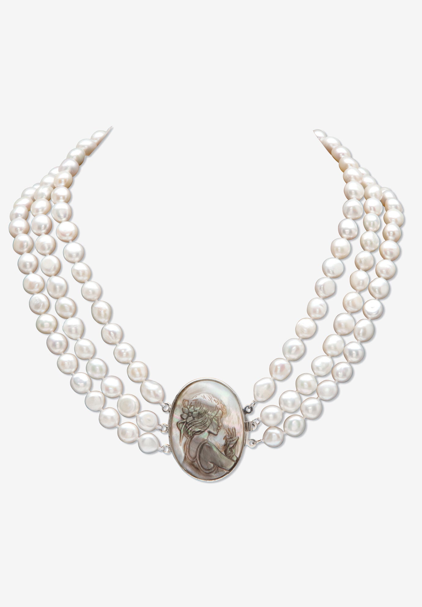 Genuine Freshwater Pearl Black Mother-Of-Pearl Cameo Necklace Silvertone 18 inches, BLACK SILVER, hi-res image number 0