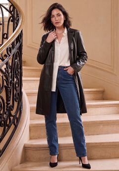 Plus Size Nappa Leather Long Button-Front Coat