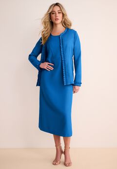 Plus Size Long Sleeve Pleated Jacket Dress Set – Elegant 2-Piece Sheath Suit