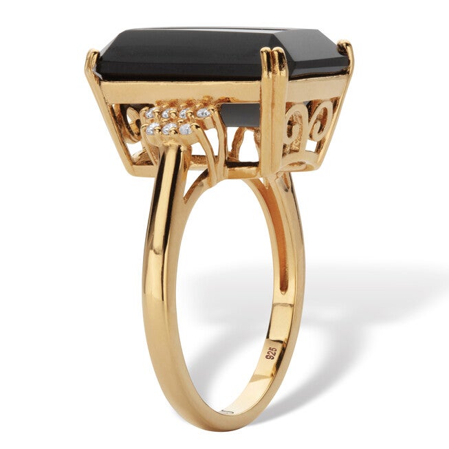 .42 Cttw. Emerald Cut Black Onyx and White Topaz 18k Gold-Plated Silver Ring, BLACK, on-hover image number 1
