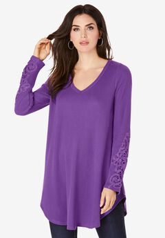 Plus Size Knit Thermal Lace Trim Tunic – Long Sleeve
