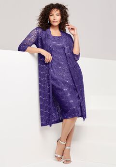 Extended Plus Size 3/4 Sleeve Formal Duster Sequin – Embellished Lace Dress Set