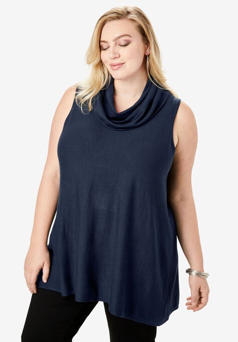 Fine Gauge Sleeveless Sweater With Cowl Neck Plus Size Sweaters