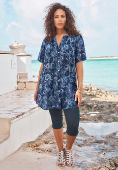 Plus Size Angelina Crinkle Crepe Y-Neck Short Sleeve Tunic
