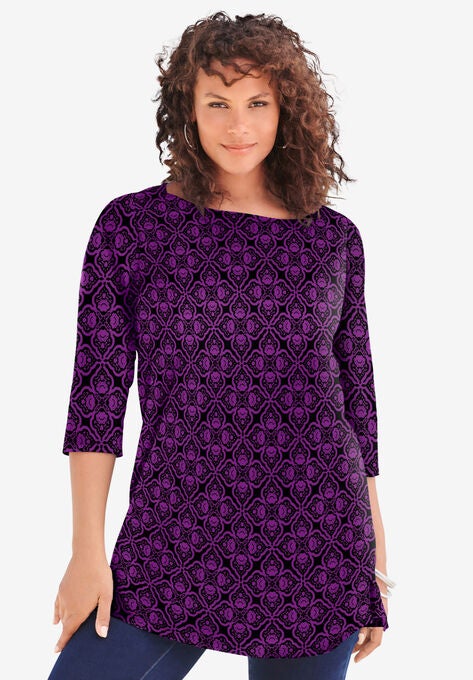 Boatneck Ultimate Tunic with Side Slits, BLACK PURPLE MAGENTA MEDALLION, hi-res image number null