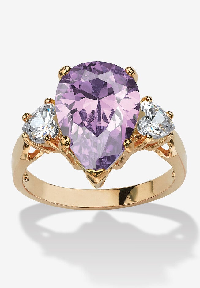 6.41Tcw Purple Pear-Shaped Cubic Zirconia Ring Yellow Gold-Plated, PURPLE, hi-res image number 0