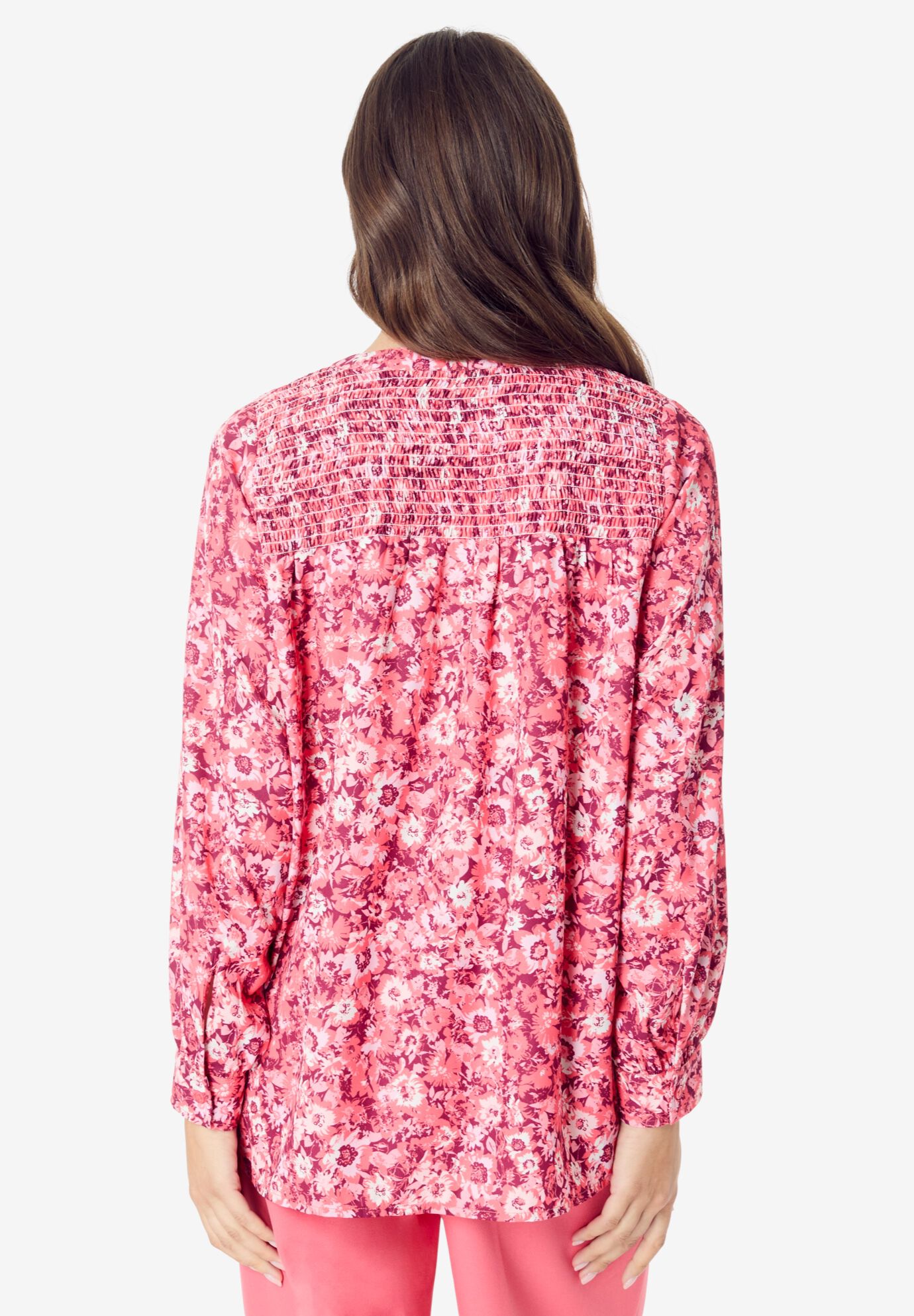 Smocked V-Neck Tunic, CORAL BRUSHED FLORALS, on-hover image number 1