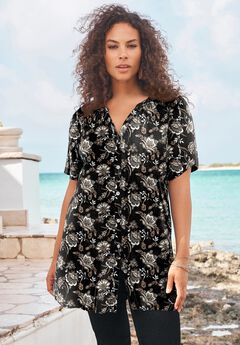Plus Size Angelina Crinkle Crepe Y-Neck Short Sleeve Tunic