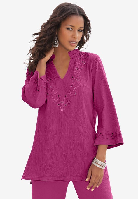 Eyelet Cutout Crinkle-Knit Gauze Tunic, RASPBERRY, hi-res image number null