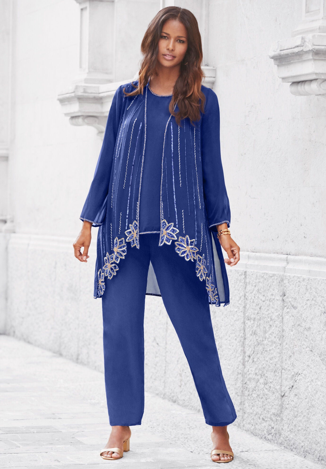 Fashionable ThreePiece Beaded Pant Set, Ultra Blue Roaman's