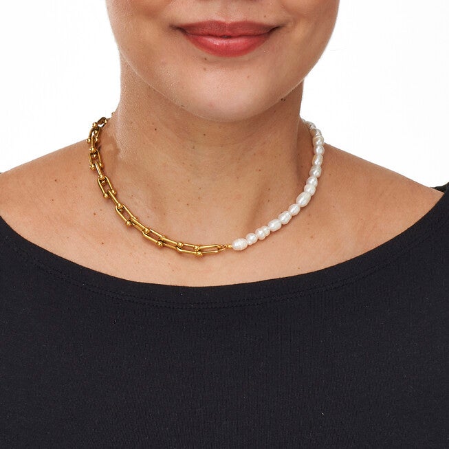 Pearl Gold-Ion Plated Stainless Steel Necklace 16-inch, WHITE, alternate image number null