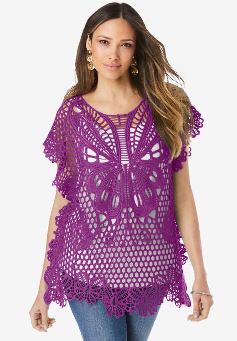Butterfly Crochet Sweater, PURPLE MAGENTA, hi-res image number null