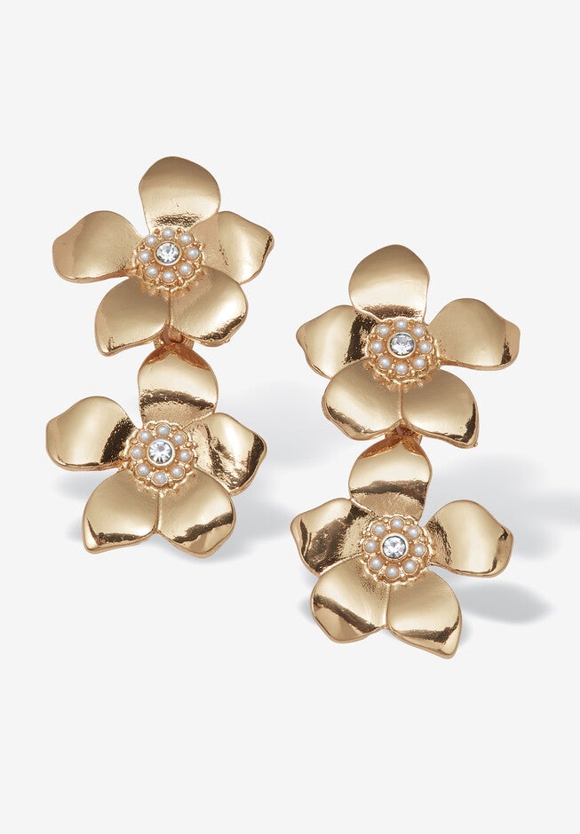 Round Crystal Goldtone Flower Drop Earrings, 50X30Mm, WHITE, hi-res image number 0