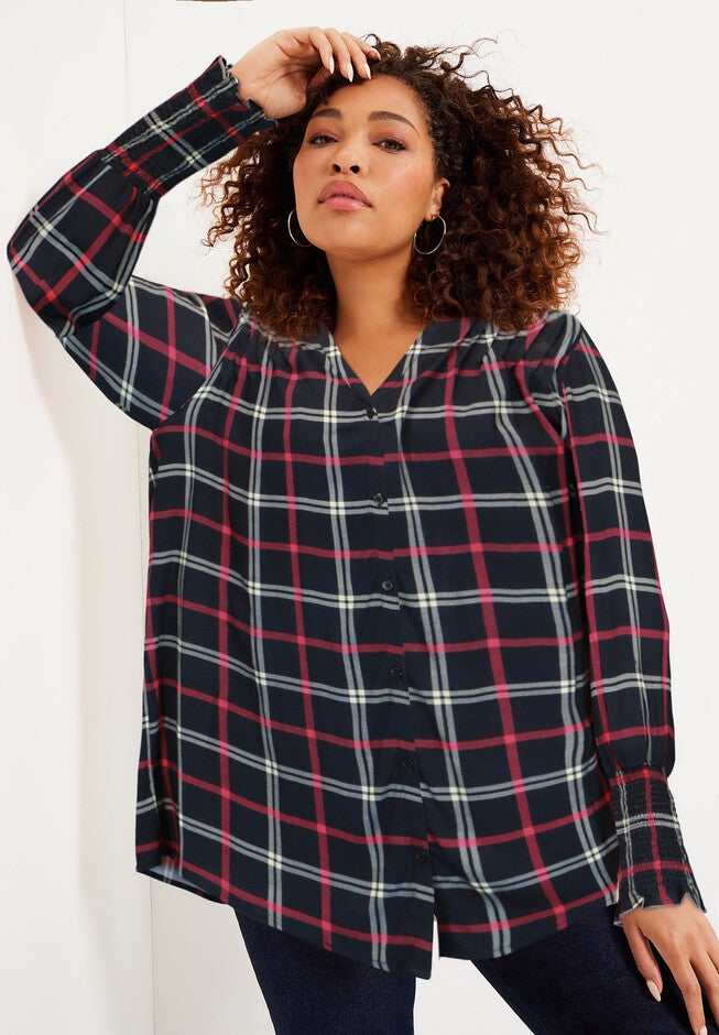 Pintuck Top, BLACK PLAID, hi-res image number null