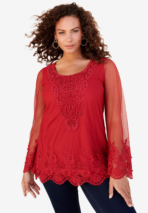 Mesh Embellished Tunic, CLASSIC RED, hi-res image number null