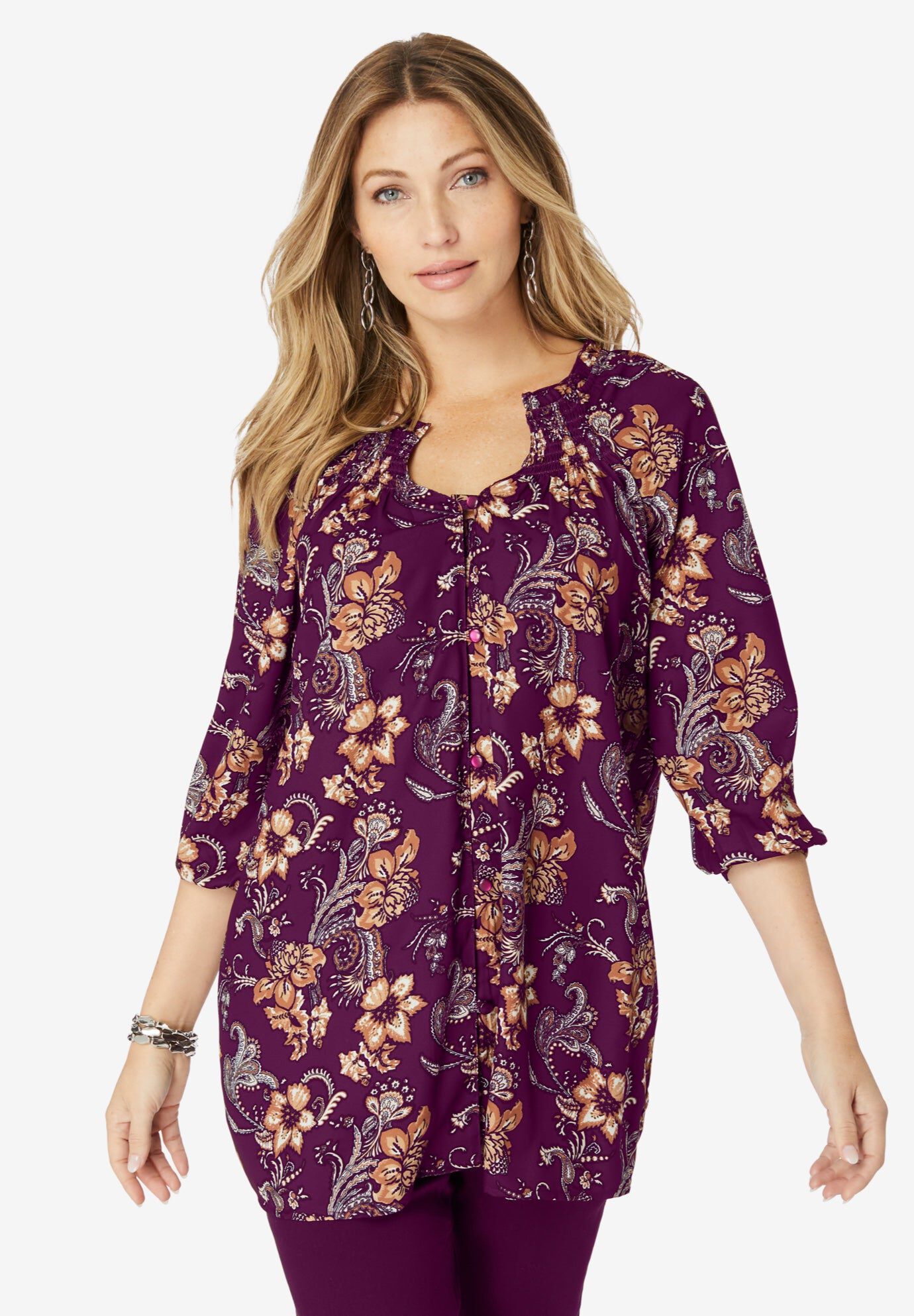Ruffle Neck Boho Blouse., DARK BERRY FLORAL PAISLEY, hi-res image number 0
