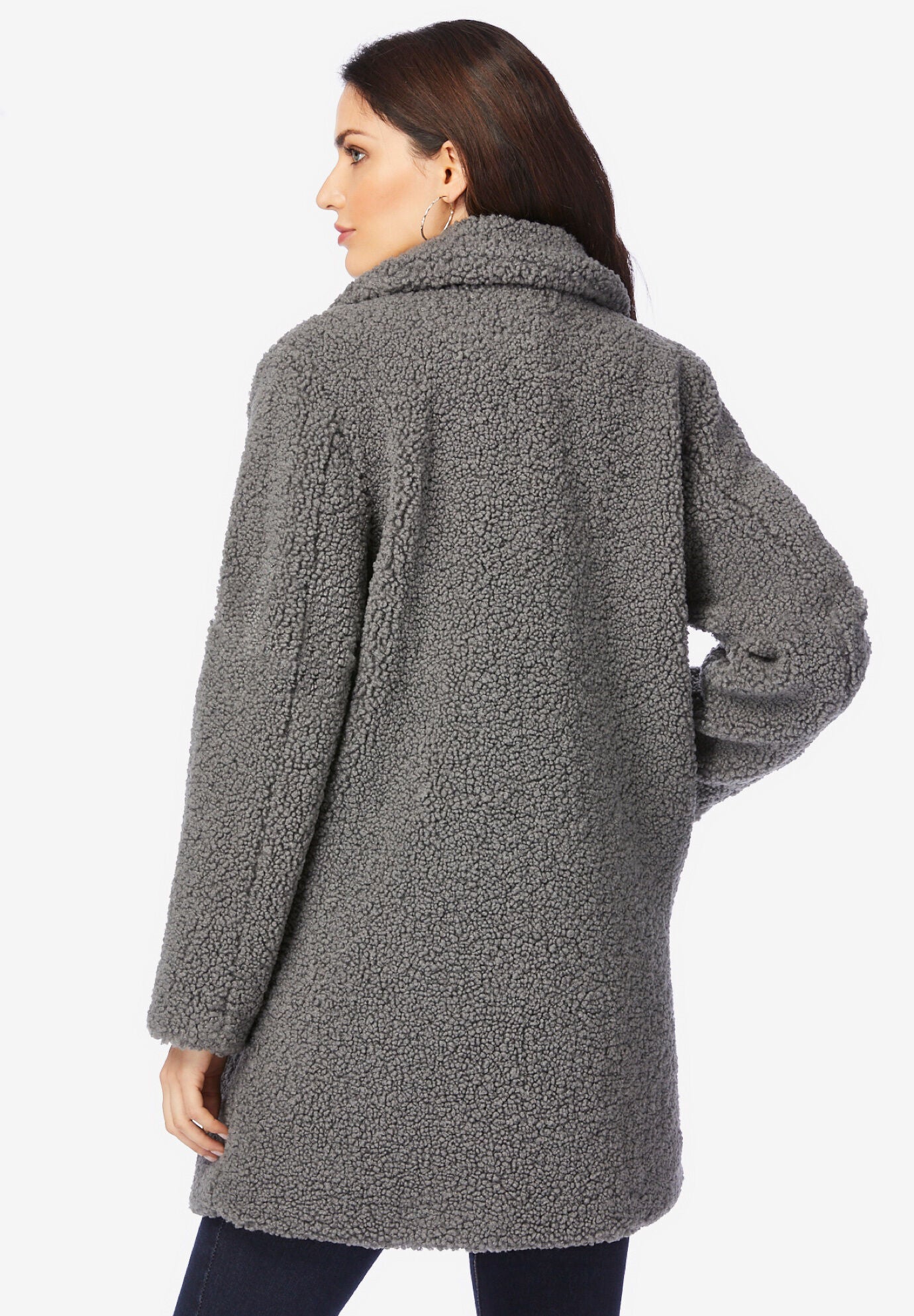 Plus Size Double Breasted Teddy Coat, GUNMETAL, on-hover image number 1