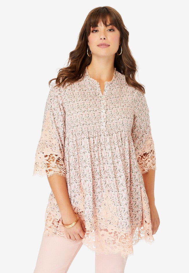 Embroidered Smocked Blouse, OATMEAL DITSY PAISLEY, hi-res image number null