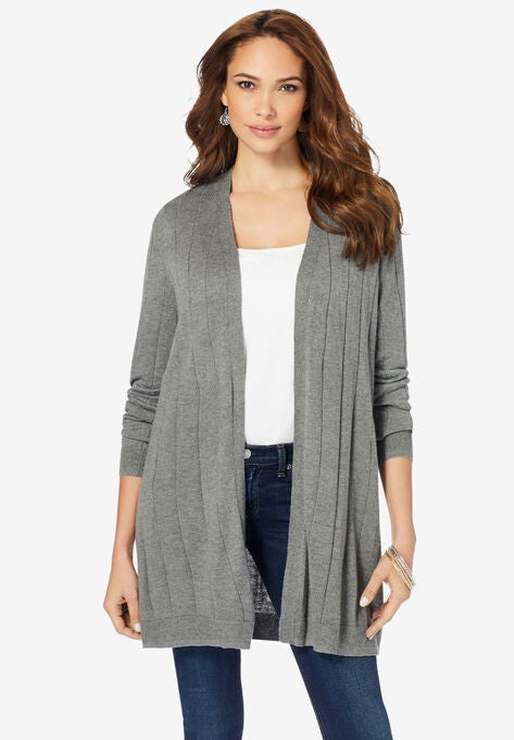 Fine Gauge Drop Needle Cardigan, MEDIUM HEATHER GREY, hi-res image number null