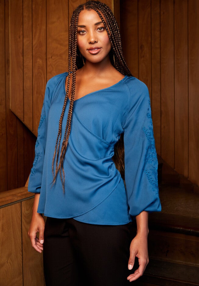 Embroidered V-Neck Wrap Blouse, EXOTIC PEACOCK FLORAL EYELET, hi-res image number null