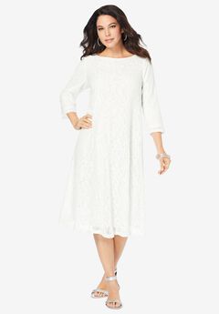 Plus-Size 3/4 Sleeve Boatneck Lace Swing Dress
