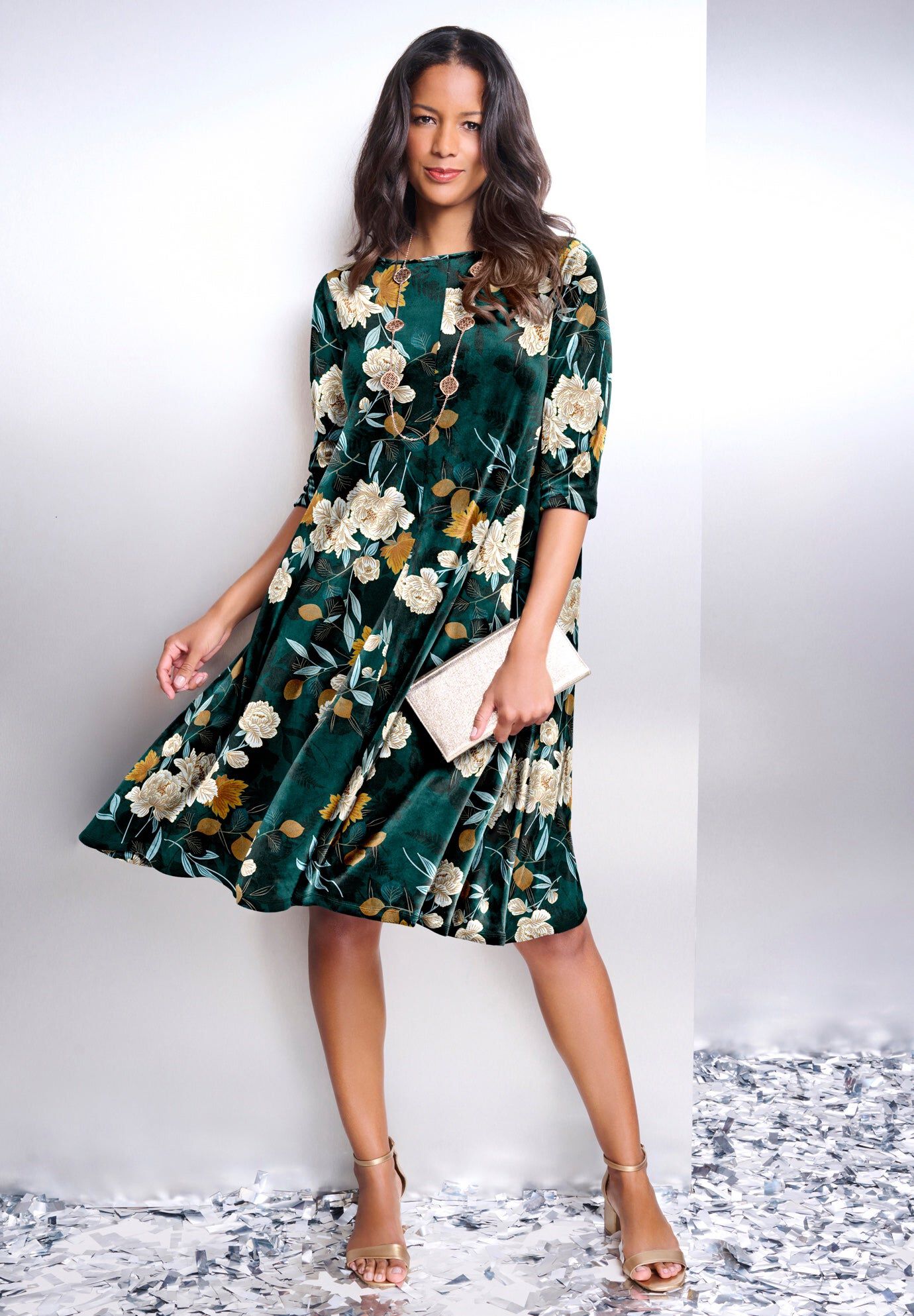 Velour Swing Drape Dress, EMERALD LAYERED FLOWERS, hi-res image number 0