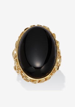 Oval Genuine Black Agate 18K Yellow Gold Cabochon Ring