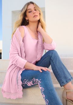 Plus Size Crochet Trim Pointelle Cardigan