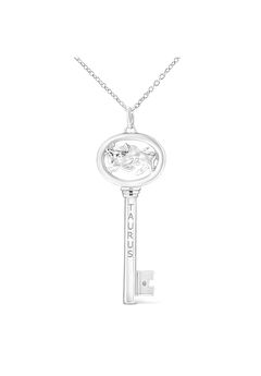 Sterling Silver Diamond Accent Taurus Zodiac Key Pendant Necklace