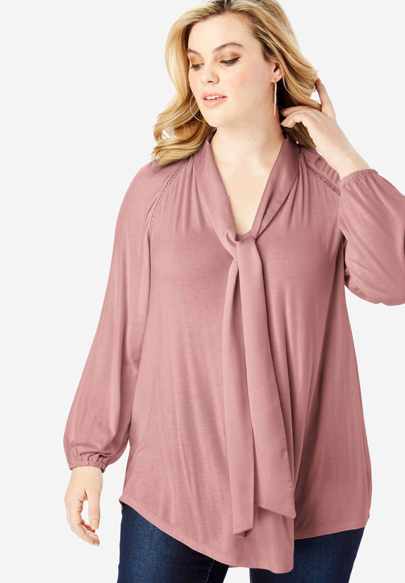 Roamans Womens Plus Size Bell-Sleeve Sweater with Openwork Detail