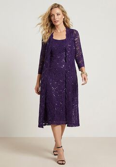 Plus Size 3/4 Sleeve Formal Duster Sequin – Embellished Lace Dress Set