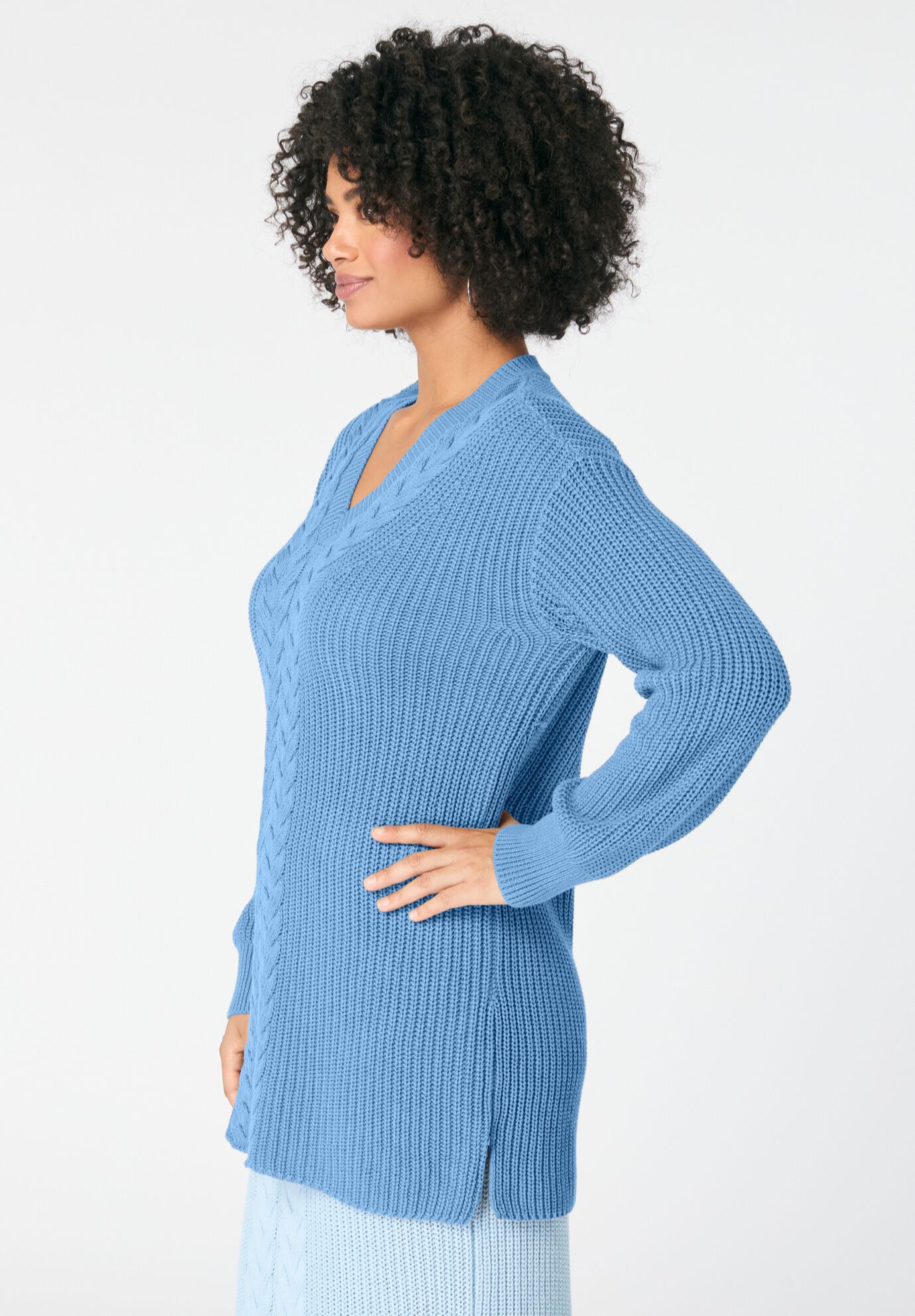 Cable Knit V Neck Sweater, SOFT SKY, alternate image number 2