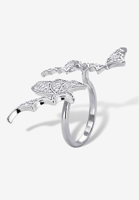 Silvertone Round Crystal Adjustable Butterfly Ring, , on-hover image number null