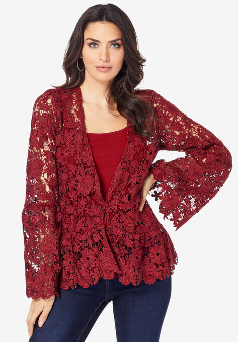 Bell-Sleeve Lace Jacket, RICH BURGUNDY, hi-res image number null