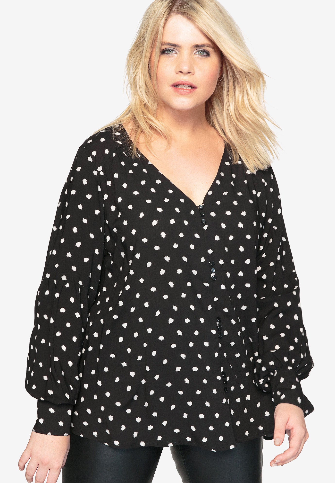 Blouson-Sleeve Buttoned Blouse by Castaluna, BLACK WHITE, hi-res image number 0