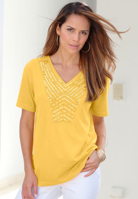 Embellished Sequin V-Neck Tee, , alternate image number null