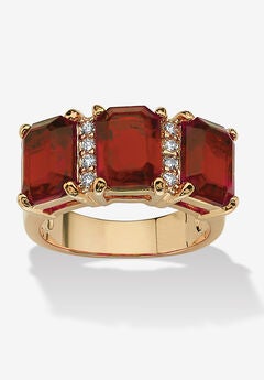 Yellow Gold-Plated Emerald Cut 3 -Stone Simulated Birthstone & CZ Ring