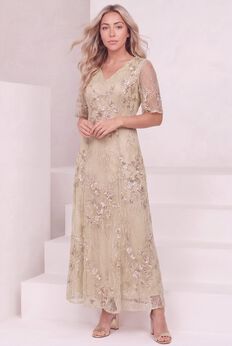 Plus-Size Flutter Sleeve Allover Embroidered Gown