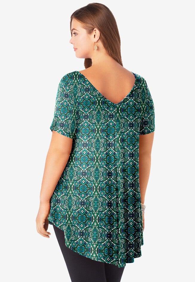 V Neck Swing Ultra Drape Tunic, GREEN FLOWER MEDALLION, on-hover image number null