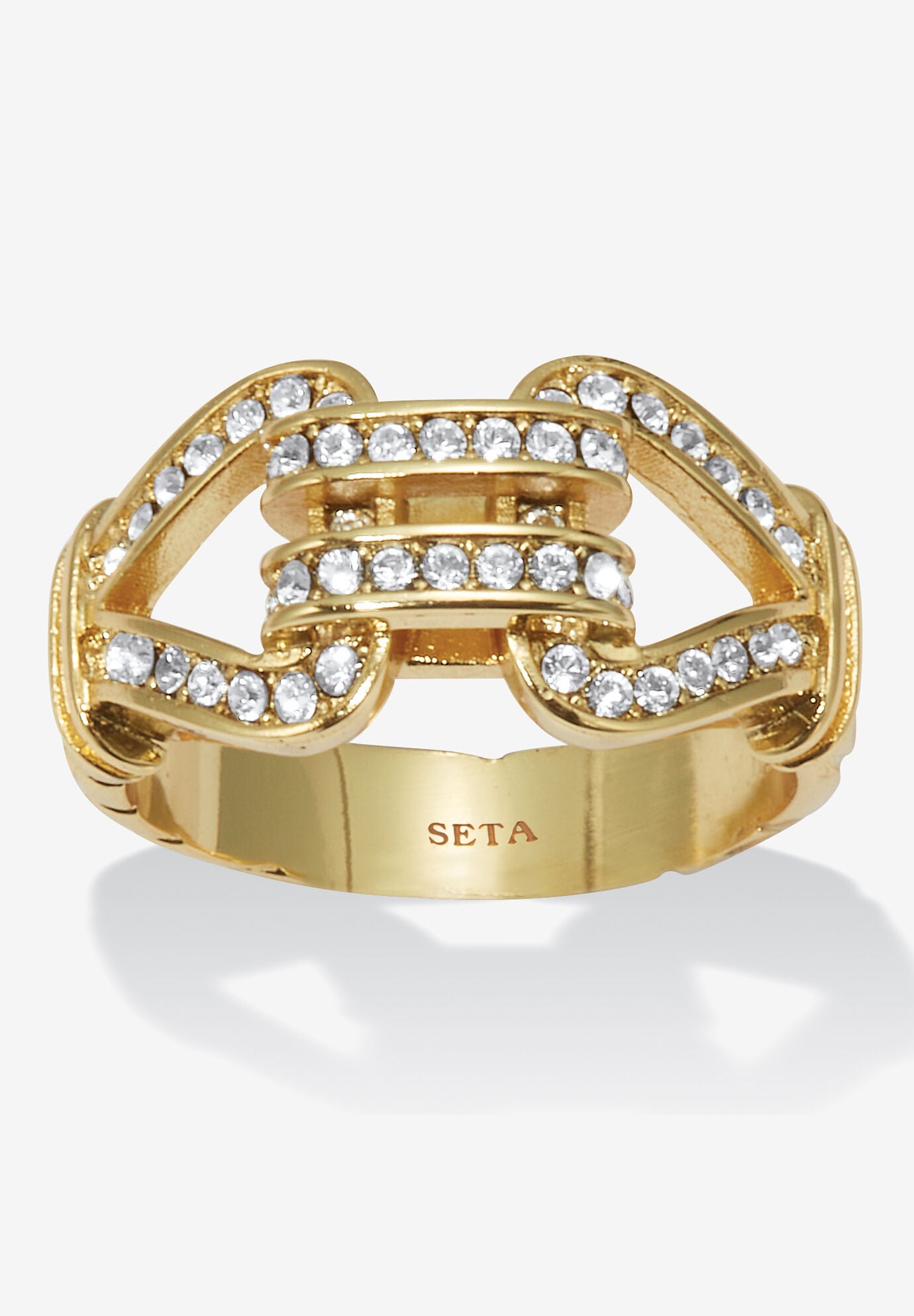 Round Crystal 14K Yellow Gold-Plated Link Ring, GOLD, hi-res image number 0