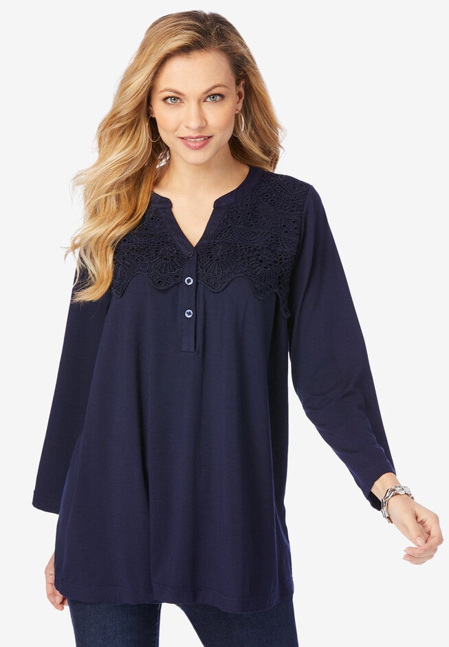 Illusion Lace Henley Tee, NAVY, hi-res image number null
