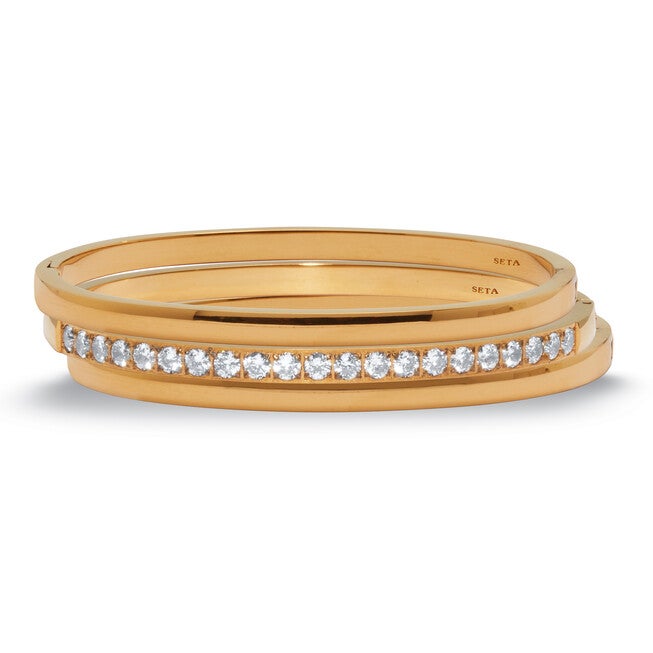 Round Crystal Yellow Gold Ion-Plated Stainless Steel Bangle Bracelet Set 7-inch, WHITE, hi-res image number null